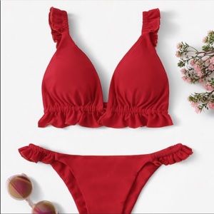 Frilled red bikini set
